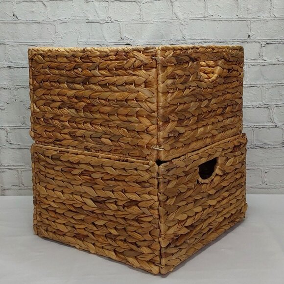 HAND WOVEN WATER~HYACINTH FOLDING STORAGE CUBE BASKETS 2-PIECE SET - Picture 4 of 16